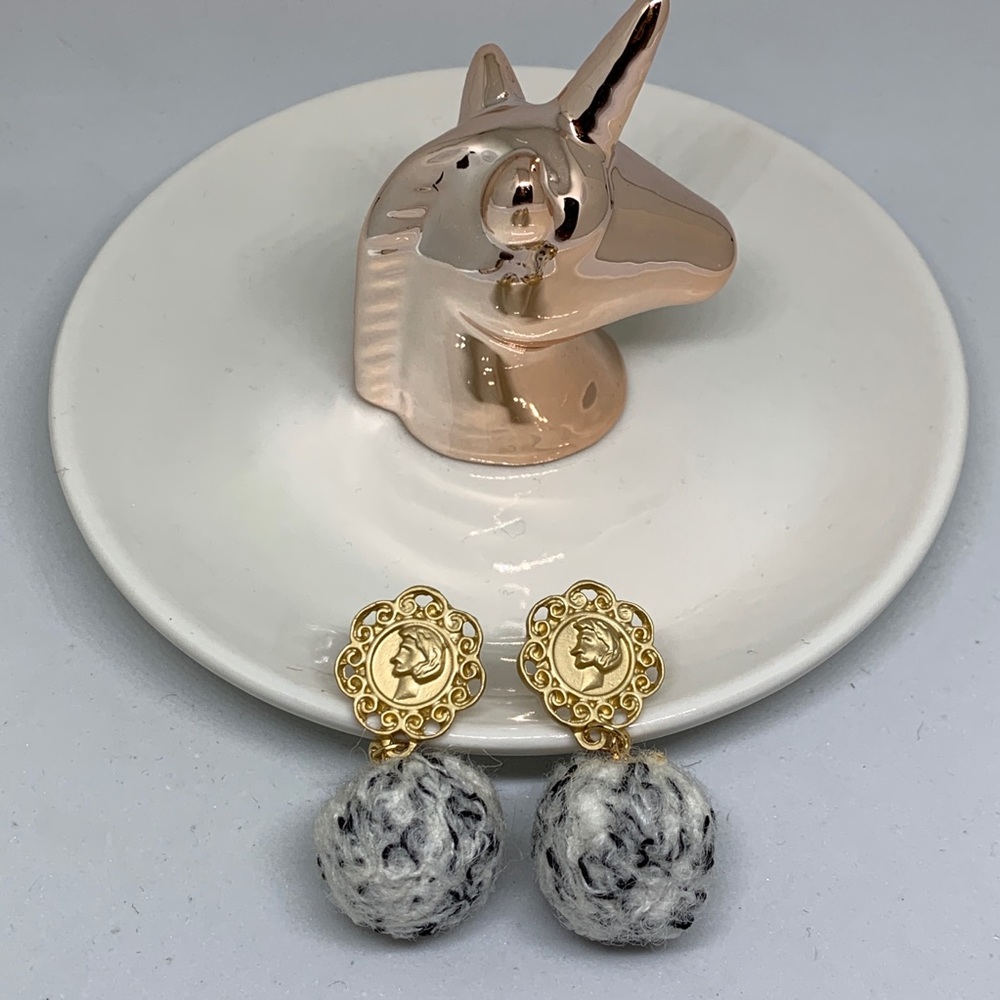 Gold filigree medallion Pom Pom drop earrings
